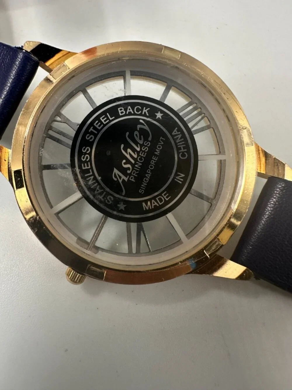 3/$30 Ashley Princess Watch Women Gold Tone Blue Navy Faux Leather Band 9